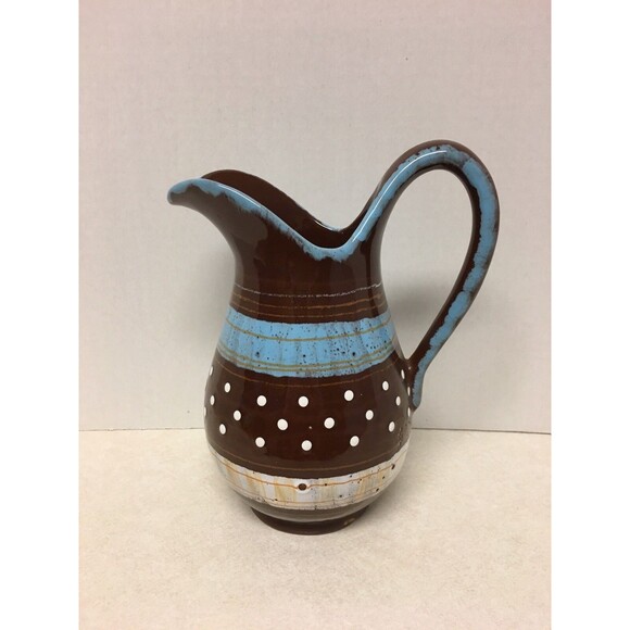 Royal Ames Hand painted Brown Blue Stripe & White Polka Dot Pitcher Italy - Picture 1 of 5